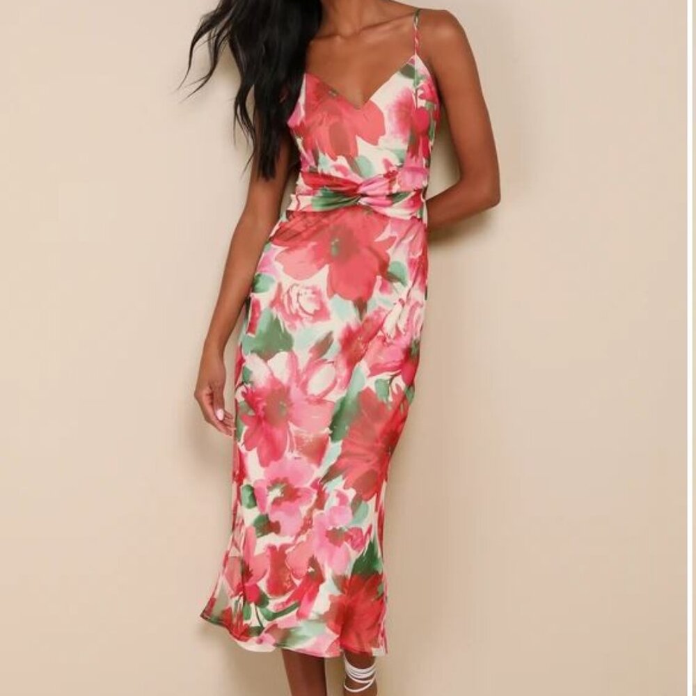 Beautiful Entrance Fuchsia Multi Floral Twist-Front Midi Dress (new)